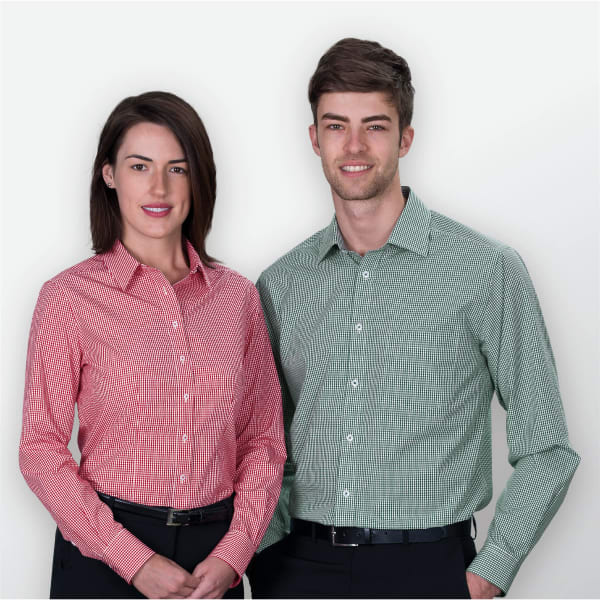 A men's button-up shirt in green checkered pattern and a women's shirt in red checkered pattern, both with collars.