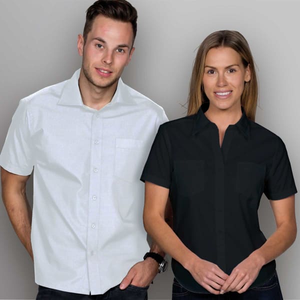 A limited Teflon button-up shirt in white for men and black for women, featuring pocket details.