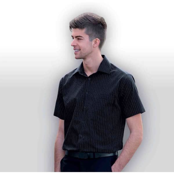 A black short sleeve button-up shirt with vertical stripes, featuring a collar and a logo.