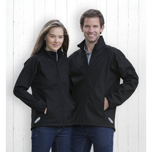 A black soft shell jacket worn by both a man and a woman, featuring a logo and side pockets.
