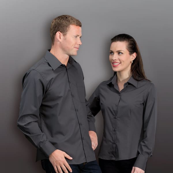 Two models wearing grey button-up long sleeve shirts, featuring a simple design and one with a logo.