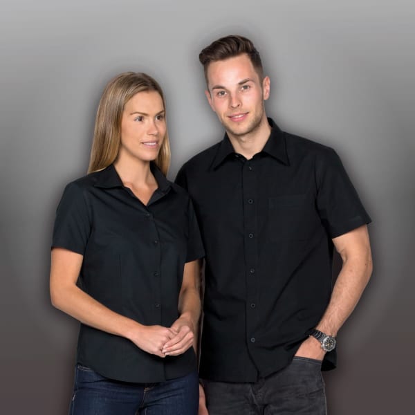 A black short sleeve button-up shirt for men and women, featuring a pocket and a logo.