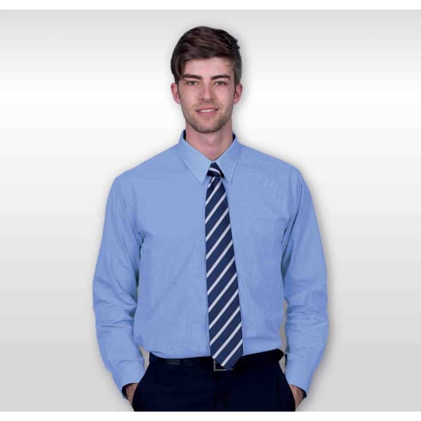 A two-tone men's button-up shirt in light blue, worn with a striped tie. The model stands against a neutral background.