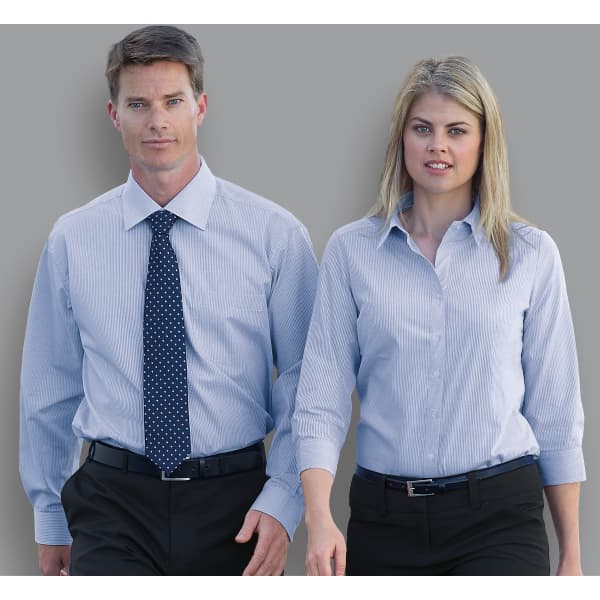Men’s and women’s button-up shirts in light blue, featuring a logo, displayed on male and female models.