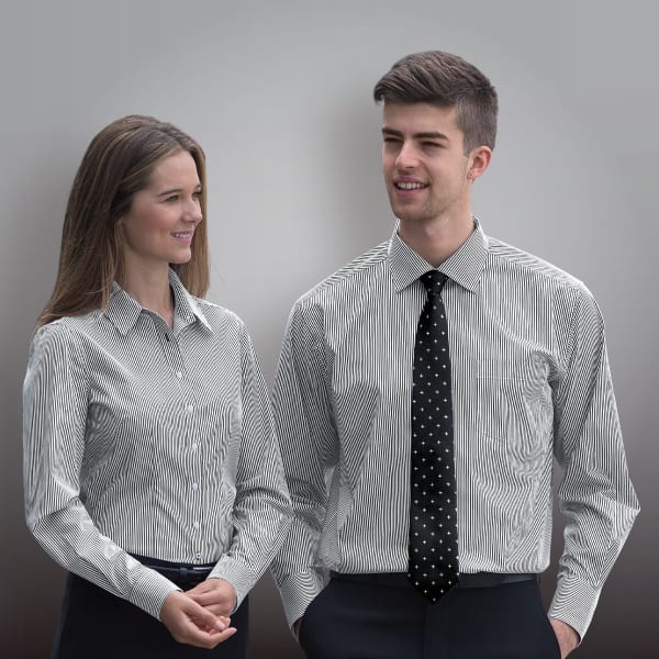 A striped button-up shirt for men in black and white, featuring a classic collar and a pocket, with a logo present.