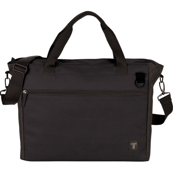 A black computer tote bag with a shoulder strap, featuring a front zippered pocket and a logo.