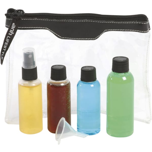 A clear toiletry bag containing four bottles of various colours: yellow, brown, blue, and green, along with a small funnel.