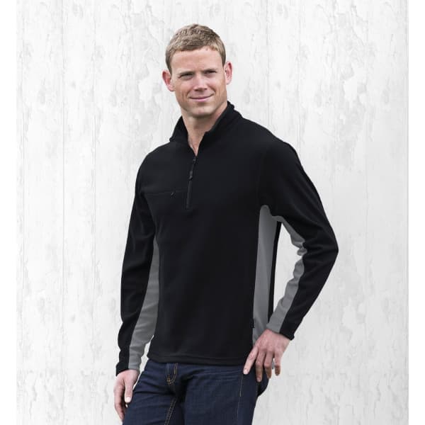 A black and grey zip jumper featuring long sleeves and a stand-up collar, with a pocket on the front.