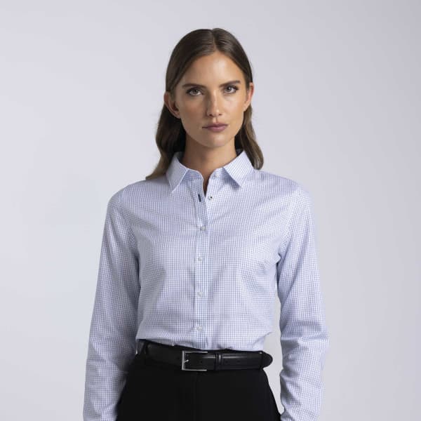 A women's button-up shirt in a blue and white check pattern, featuring a collared neck and long sleeves.
