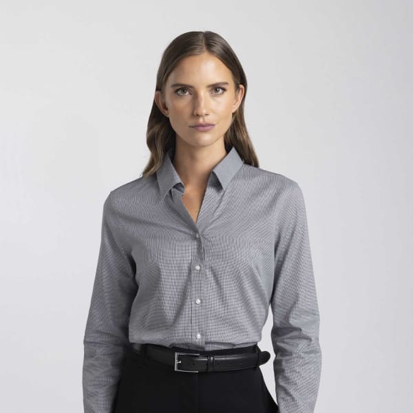A women's button-up shirt in grey and white stripes, featuring a collar and a logo on the front.