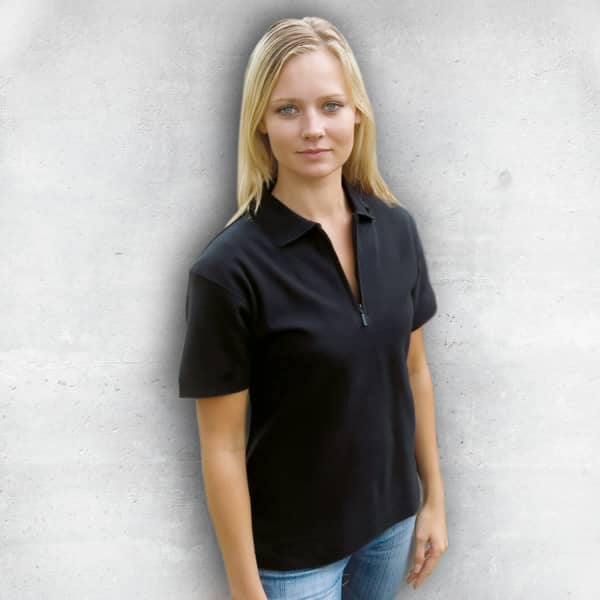 A black women's polo shirt with a zip collar, featuring a logo on the chest.