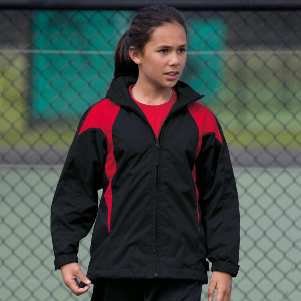 A youth jacket featuring a black body with red spliced details, including a collar and zip front, and a logo.