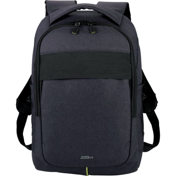 A grey backpack with black accents and adjustable straps, featuring a front zip pocket and a logo.