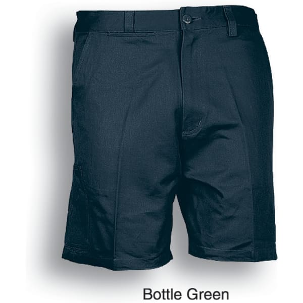 Bottle green unisex cotton drill work shorts with a front button and pockets, featuring a logo.