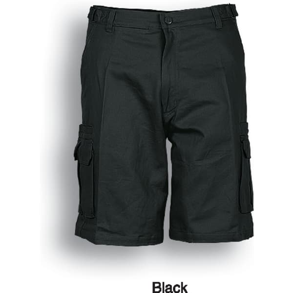 Black unisex adults' cotton drill cargo shorts featuring multiple pockets and a belt loop, with a logo present.