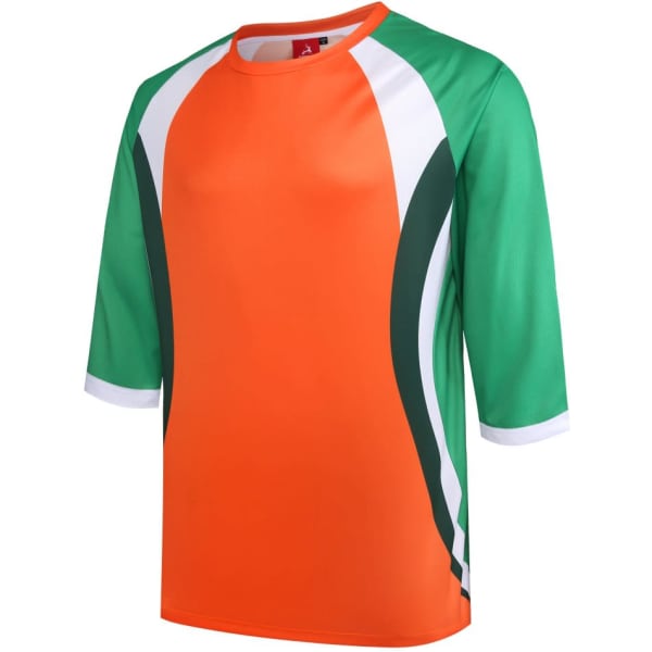 An orange and green 3/4 sleeve T-shirt with a sporty design and a logo on the chest area.