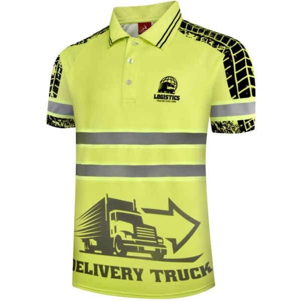 A high-visibility polo shirt in yellow with reflective stripes and a graphic design featuring a truck.