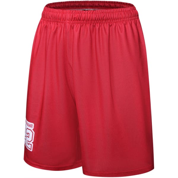 A pair of red women's basketball uniform shorts featuring an elastic waistband and a logo on the side.