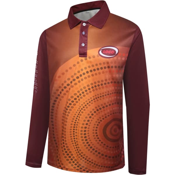 A long-sleeve polo shirt featuring a gradient of orange and maroon with circular patterns and a logo on the front.