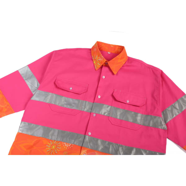 A vibrant pink Hawaiian shirt featuring orange detailing and reflective stripes, with two front pockets and a collar.