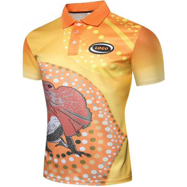 A vibrant yellow Aboriginal polo shirt featuring a colourful design and a logo on the front.