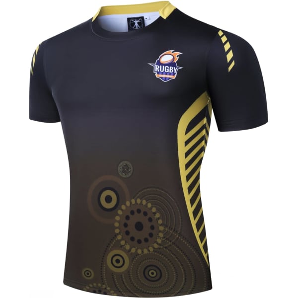 A black and yellow rugby top featuring a circular design and a logo. It has a fitted style suitable for sports.