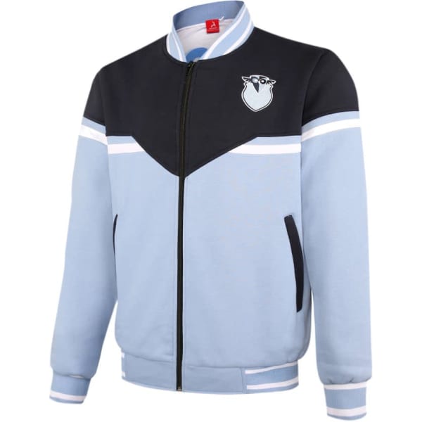 A bomber jacket in light blue and black, featuring a logo and contrasting stripes on the chest and sleeves.