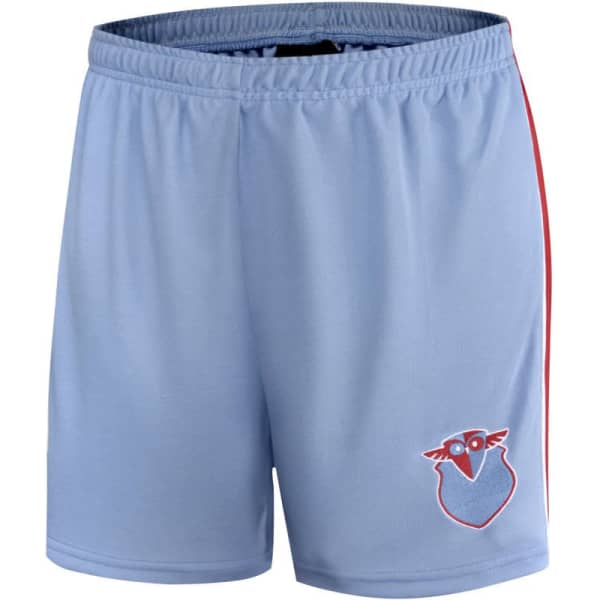 Light blue school shorts with a red side stripe and a logo on the front. Made from cotton with a comfortable fit.