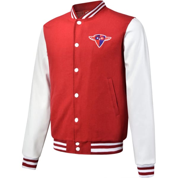 A red and white custom-made letterman jacket featuring a logo on the chest and striped cuffs.