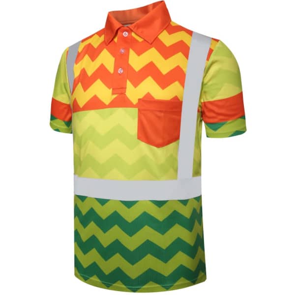 A short-sleeved polo shirt in vibrant green, yellow, and orange with reflective strips and a pocket.