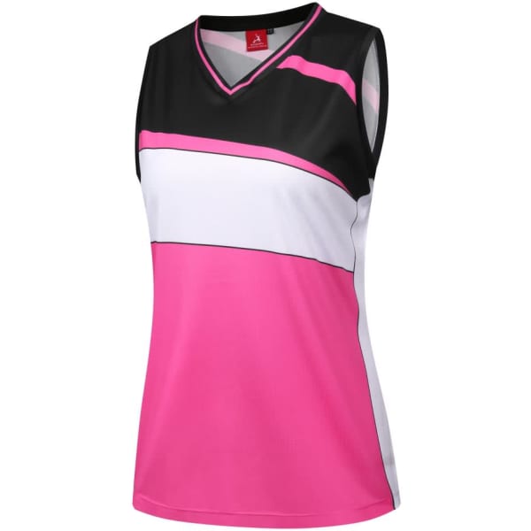 A sleeveless basketball vest featuring black, white, and vibrant pink panels, with a logo on the collar.
