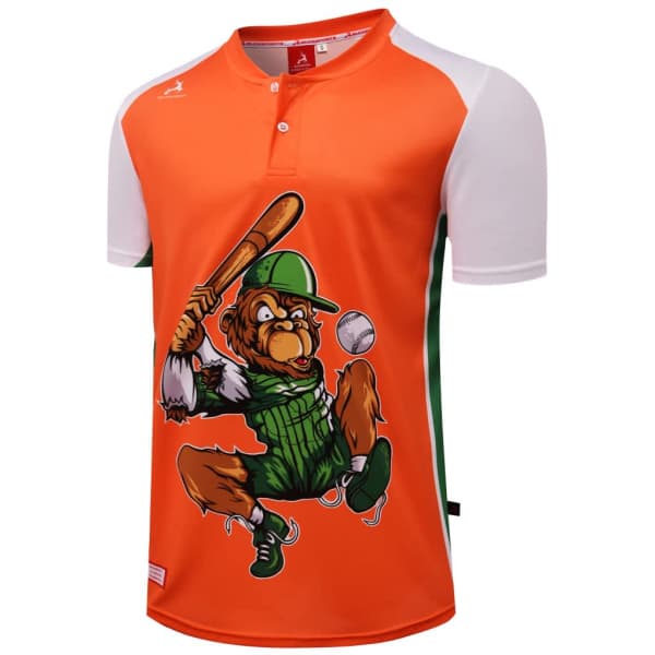 An orange baseball club shirt with short white sleeves and a graphic of a monkey playing baseball.