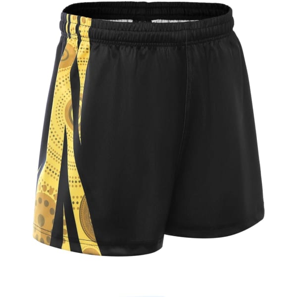 ABORIGINAL AFL SHORTS in black with vibrant yellow and patterned accents, featuring an elastic waistband and branding.