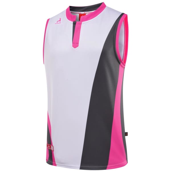 AFL singlet in white with pink and grey accents, featuring a logo on the front.