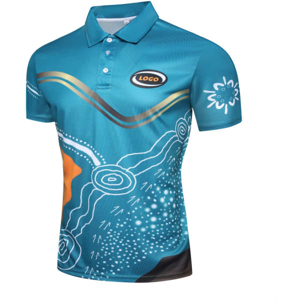 A polo jersey in turquoise featuring Aboriginal artwork with intricate designs and a logo on the chest.