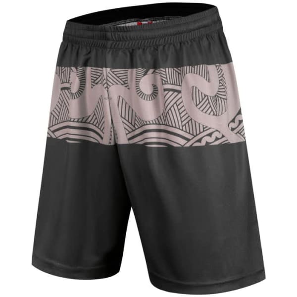 ABORIGINAL/INDIGENOUS SHORTS featuring a black design with a patterned grey waistband and logo.