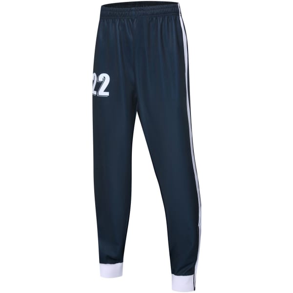 Navy cricket uniform pants with white side stripes and a number on one leg. Includes a logo on the waistband.