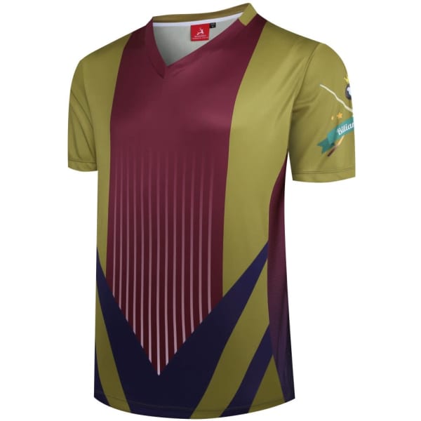 A vibrant Billiards Club shirt featuring a green, maroon, and blue design with a logo on the side.