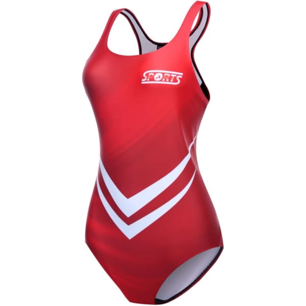 A red swimming one piece with white chevron stripes and a logo on the chest. Ideal for sports uniforms.