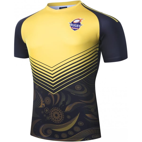A short-sleeved yellow and navy rugby shirt with a logo and a patterned design on the lower half.