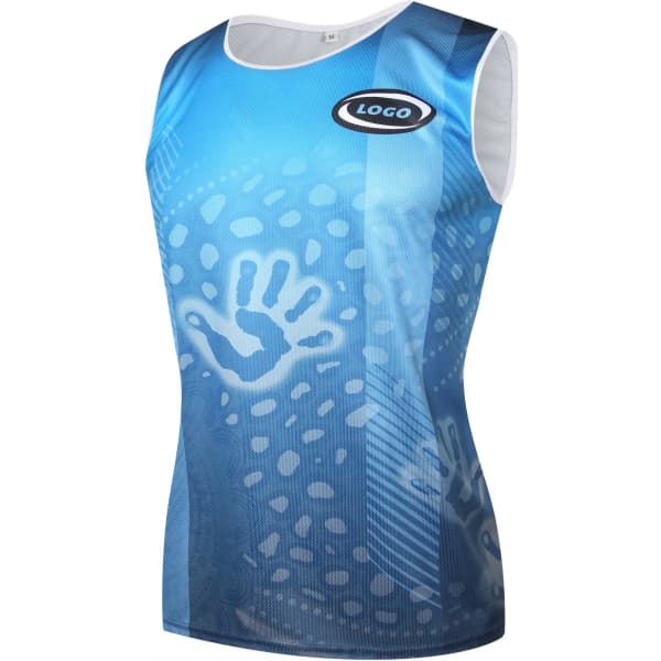 A sleeveless blue singlet vest featuring a handprint design and a logo on the front.