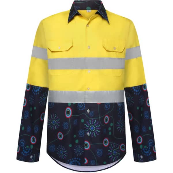 A bright yellow cotton Hawaiian shirt with reflective stripes and a dark patterned design on the lower half.