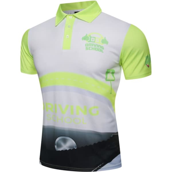 A short-sleeved polo shirt in bright green and white featuring a logo and road-themed graphic design.
