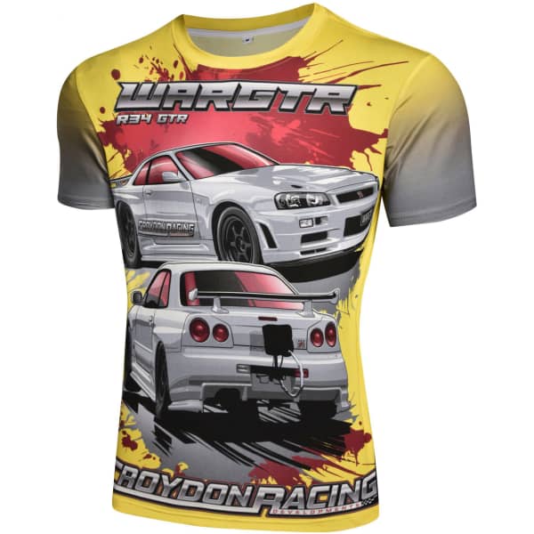 A yellow racer tee featuring cars with a graphic design. The shirt has a logo and a close fit style.