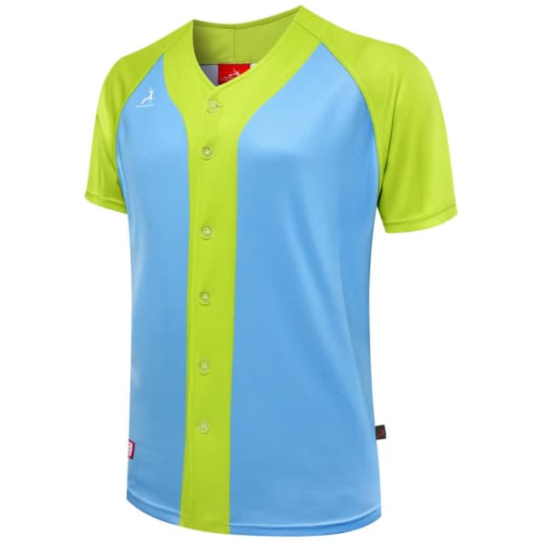 A baseball full button tee in blue and lime green, featuring a logo on the chest.