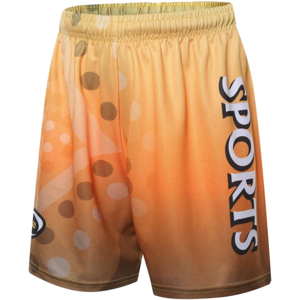 Shorts in shades of orange and brown with a gradient design and a logo on the side.