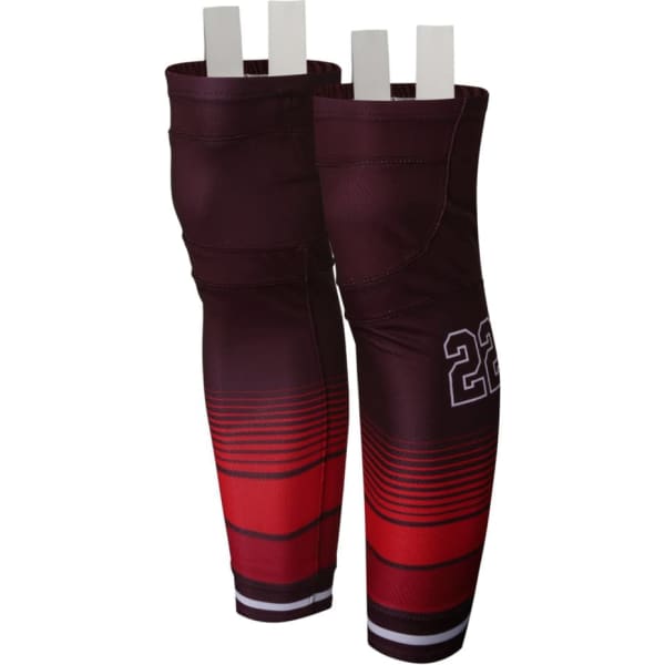 Ice hockey socks in maroon and red with a gradient design and a logo. Features two tabs at the top.