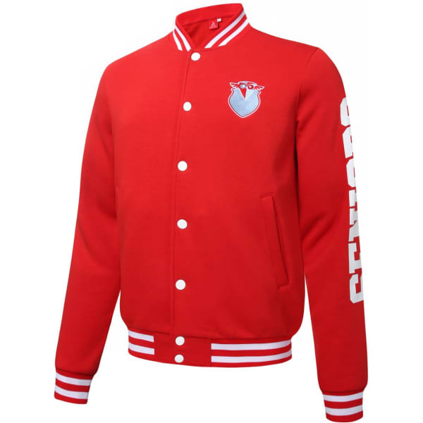 A red varsity jacket featuring a logo on the chest and white striped details on the collar and sleeves.