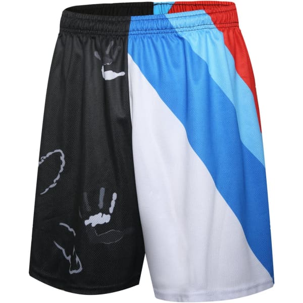 A pair of shorts featuring a colourful design with black, white, blue, and red sections, and a logo on the waistband.