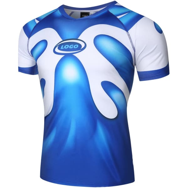 A blue and white swim shirt featuring a stylised design and a logo on the front.